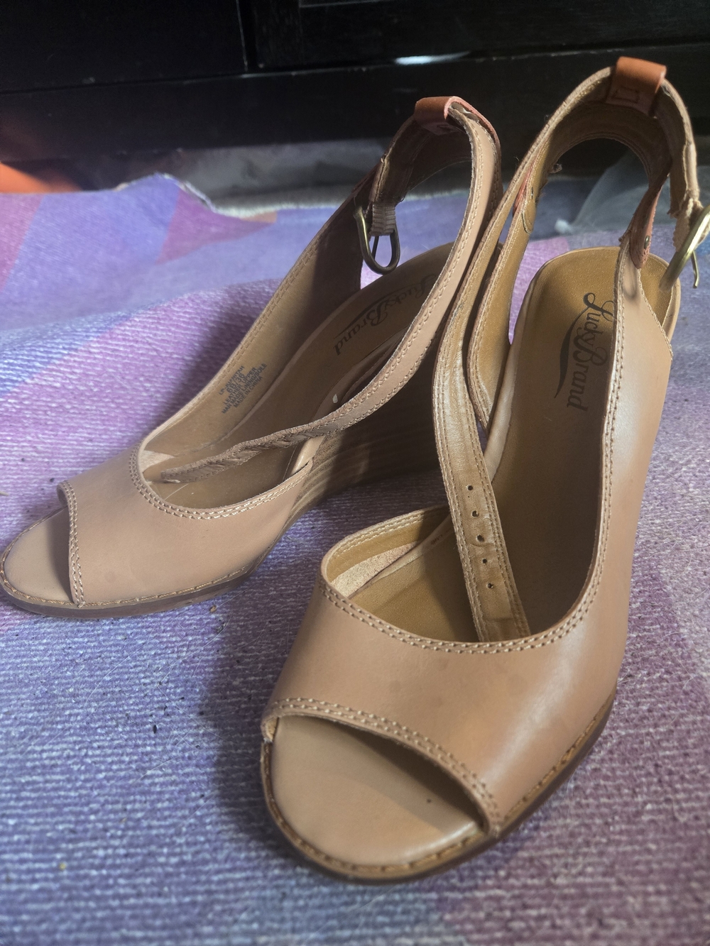Lucky Brand Tan Leather Wedge Slingback Peep Toe Sandals